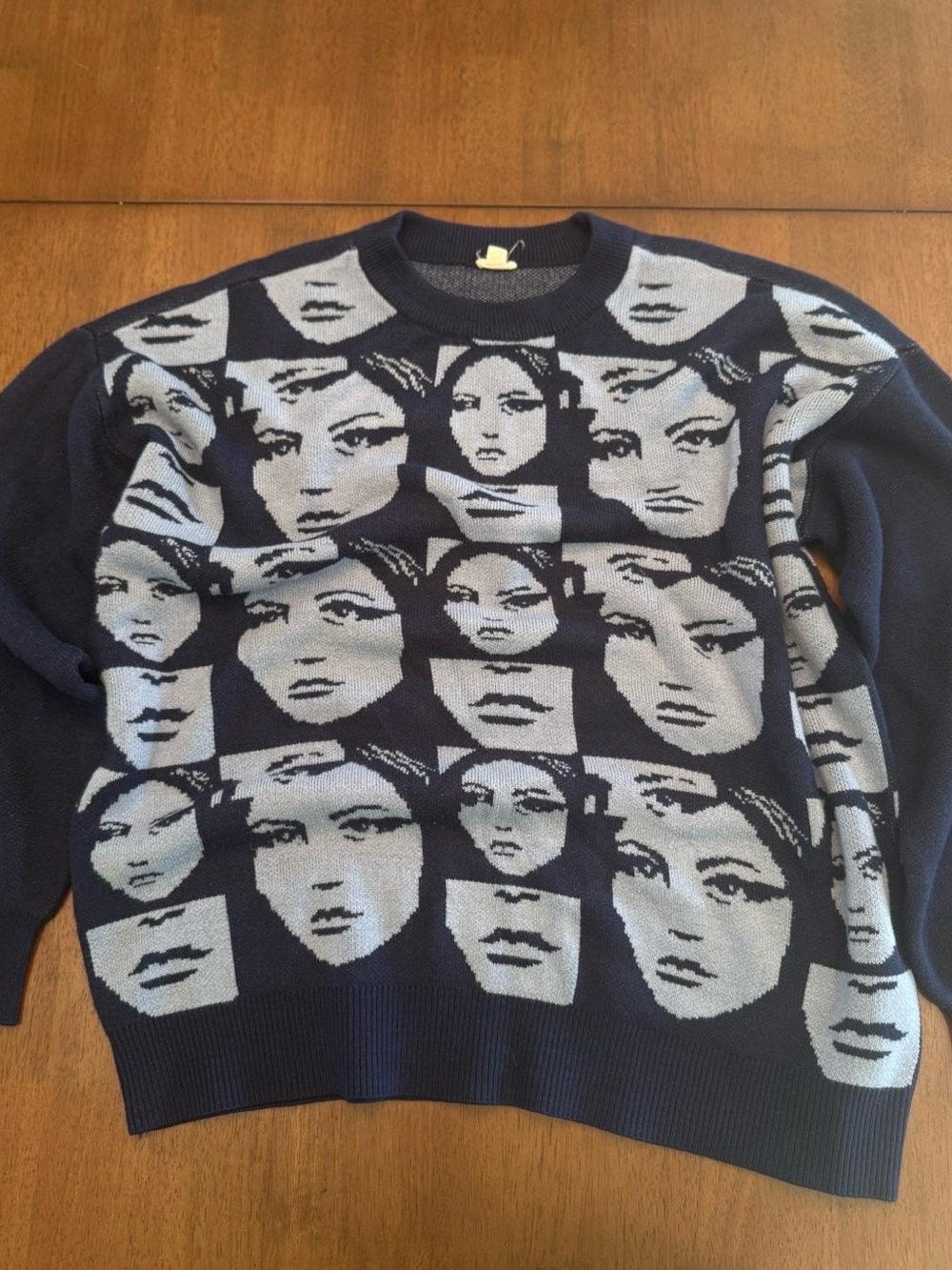 Garage Navy and Light Gray Face-Pattern Crewneck Sweater